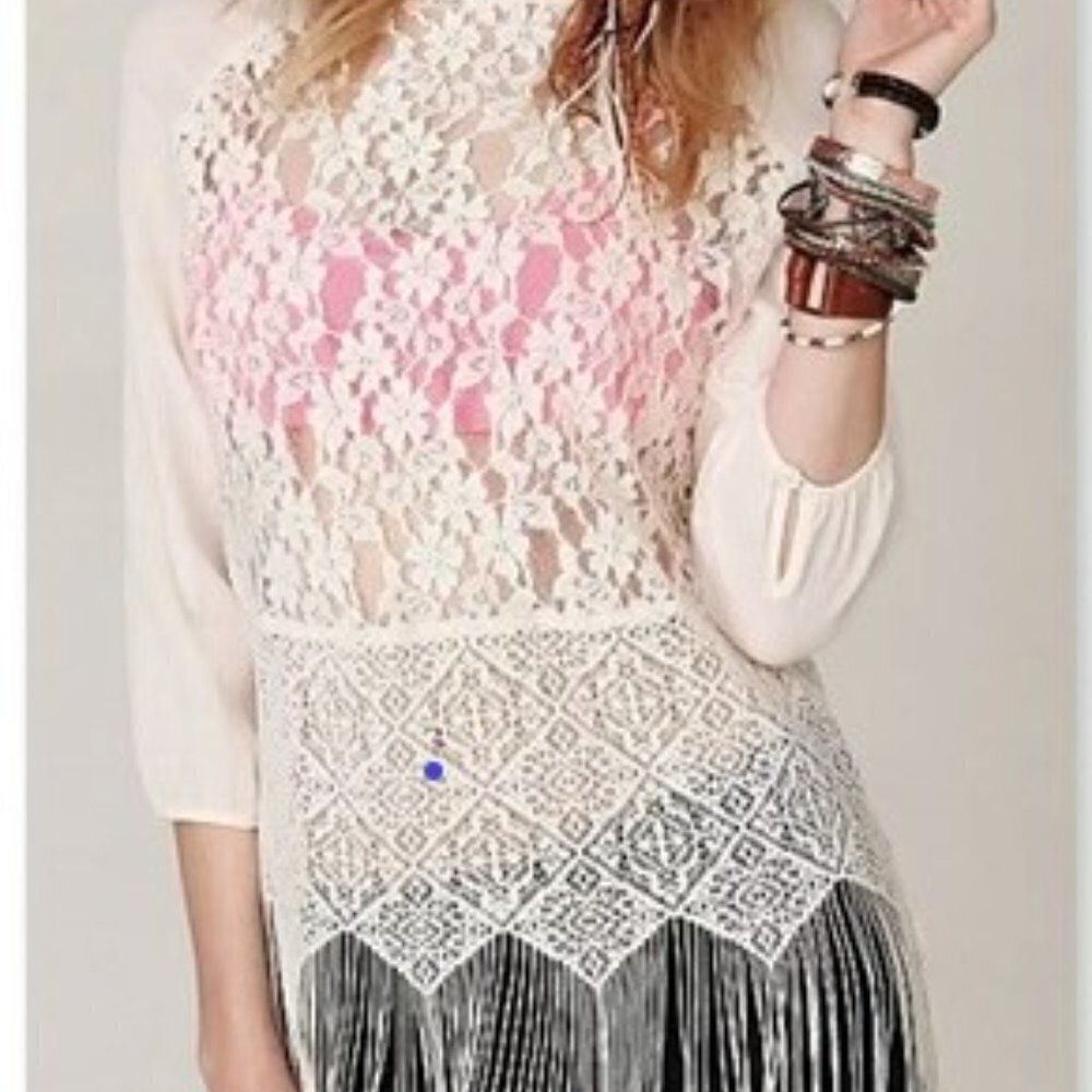 Free People Cream Lace Fringe Long Sleeve Boho Top